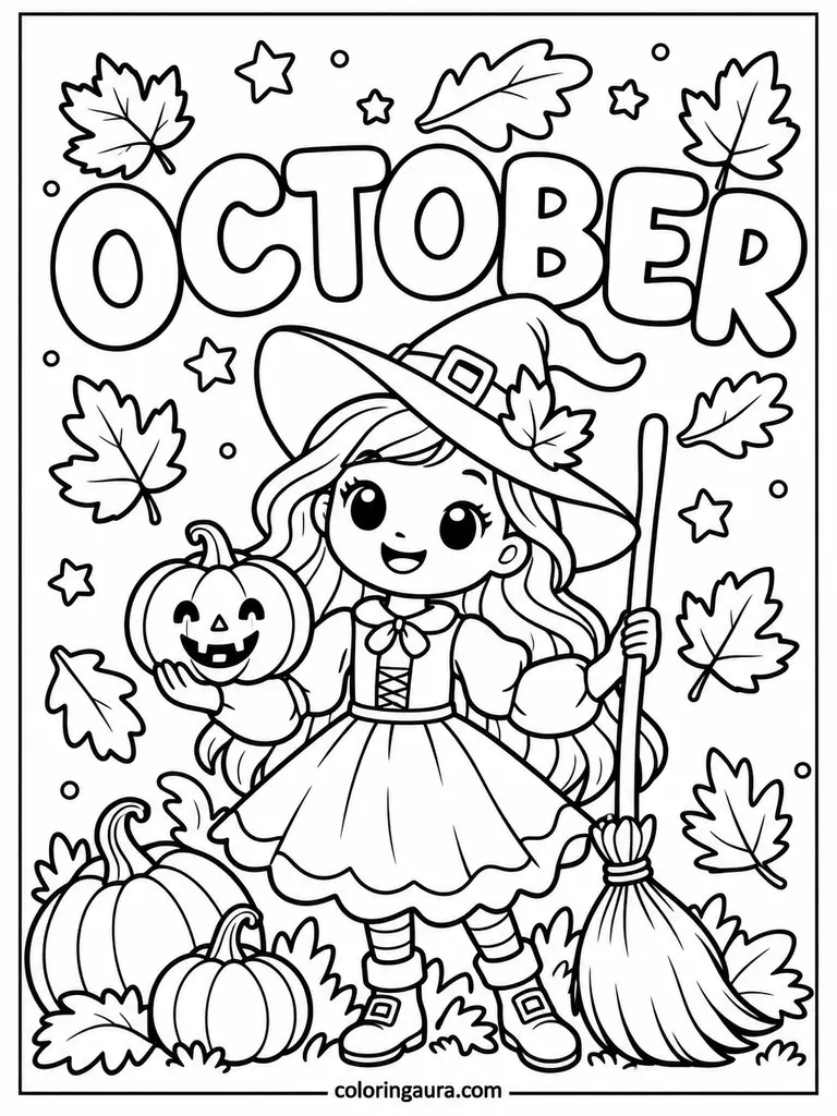 October Witch with Pumpkin Coloring Page