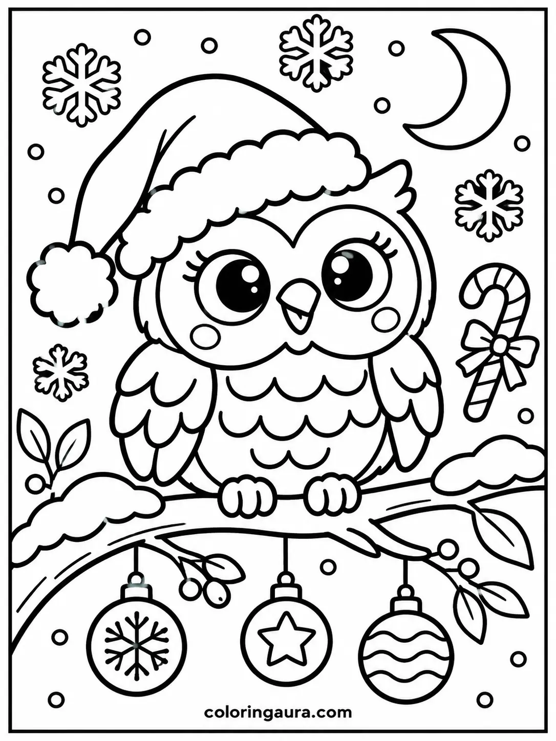 Owl Wearing a Santa Hat Coloring Page