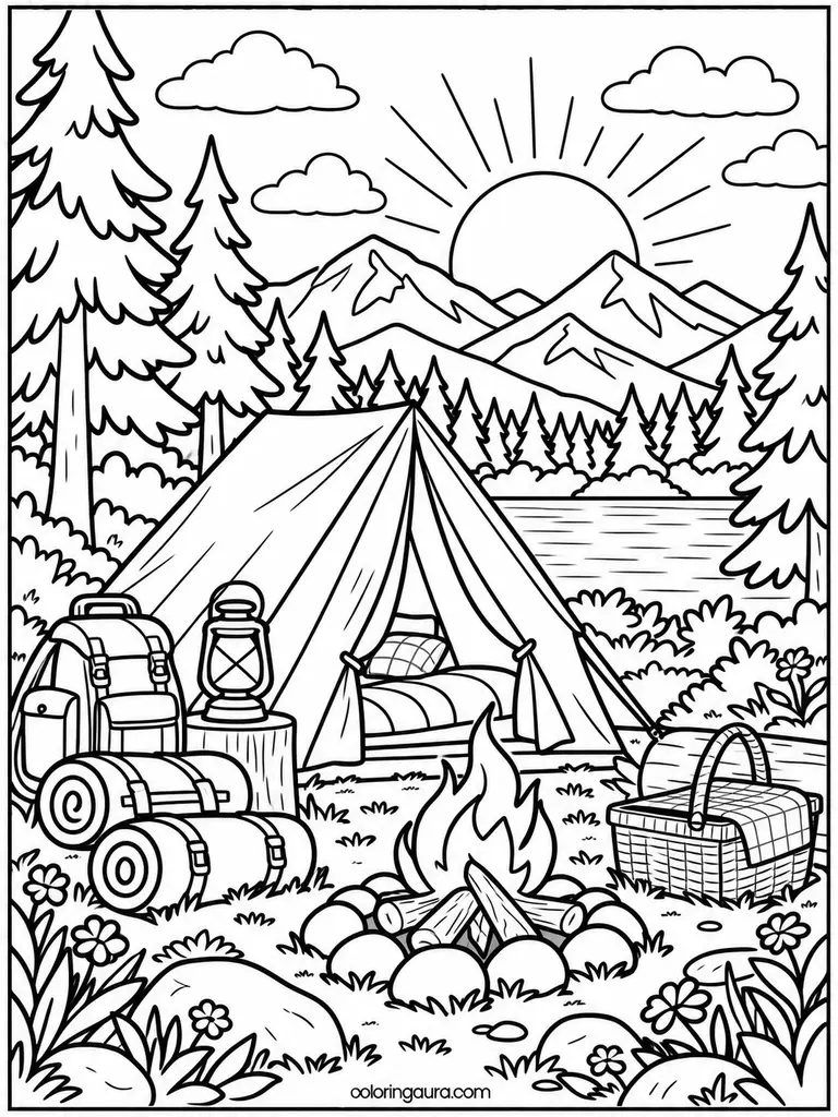 Peaceful Camping Sunrise Coloring Page