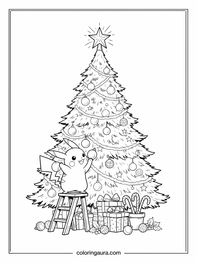 Pikachu Decorating a Christmas Tree Coloring Page