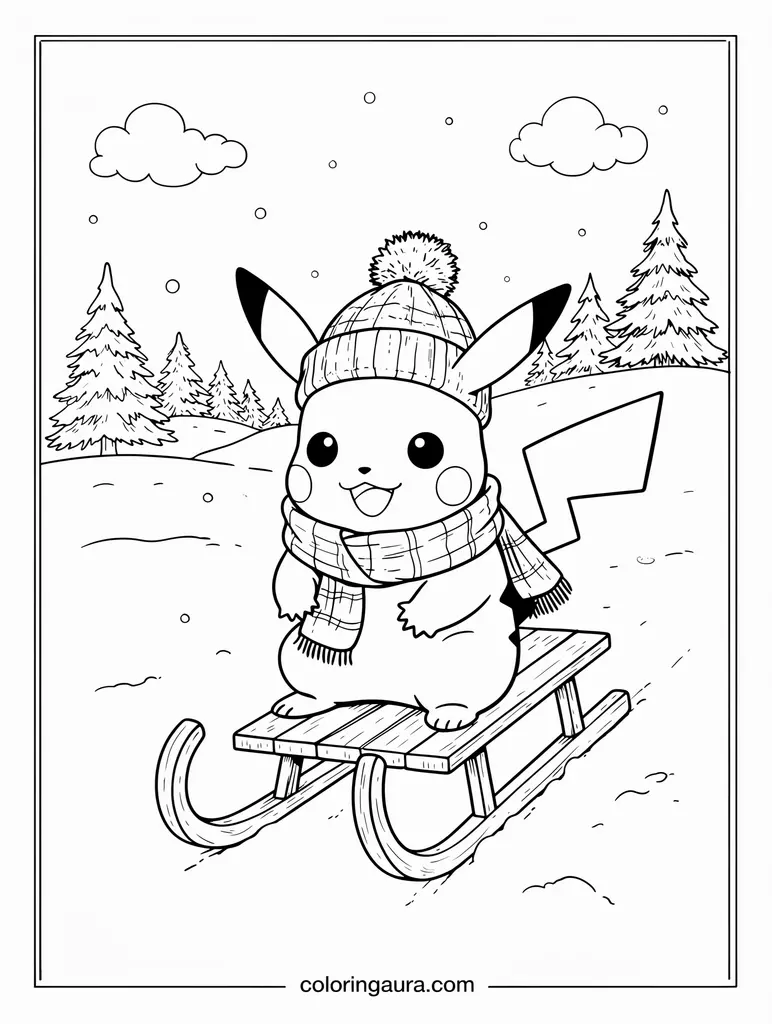 Pikachu Sledding in the Snow Coloring Page