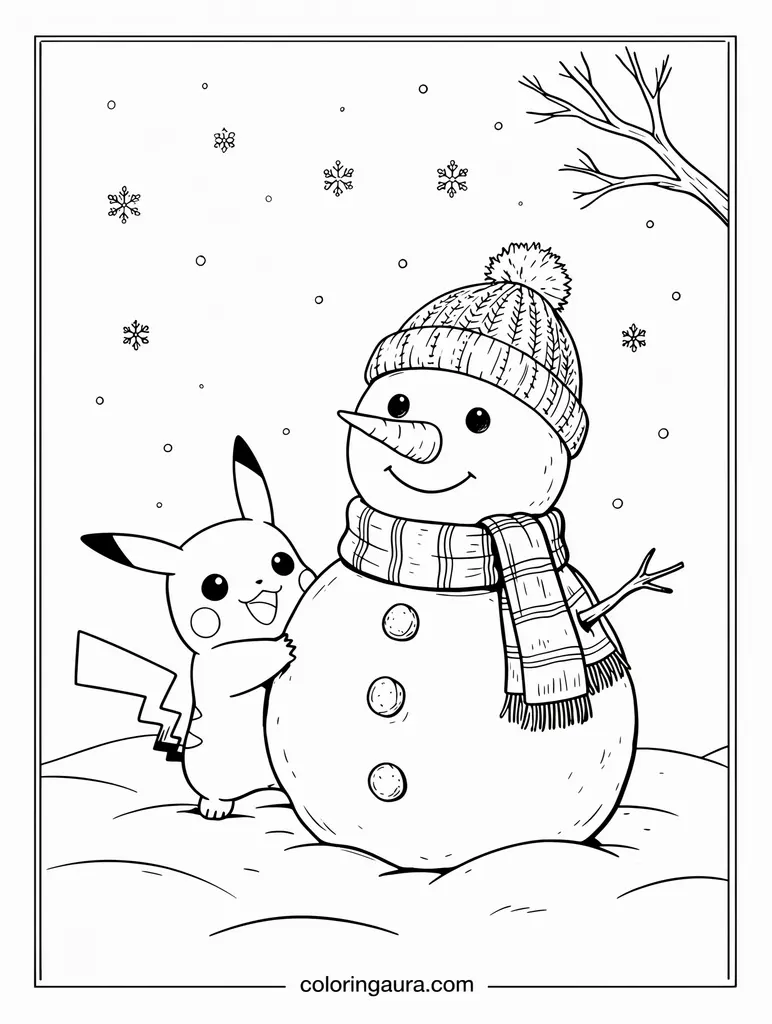 Pikachu and Snowman Winter Coloring Page