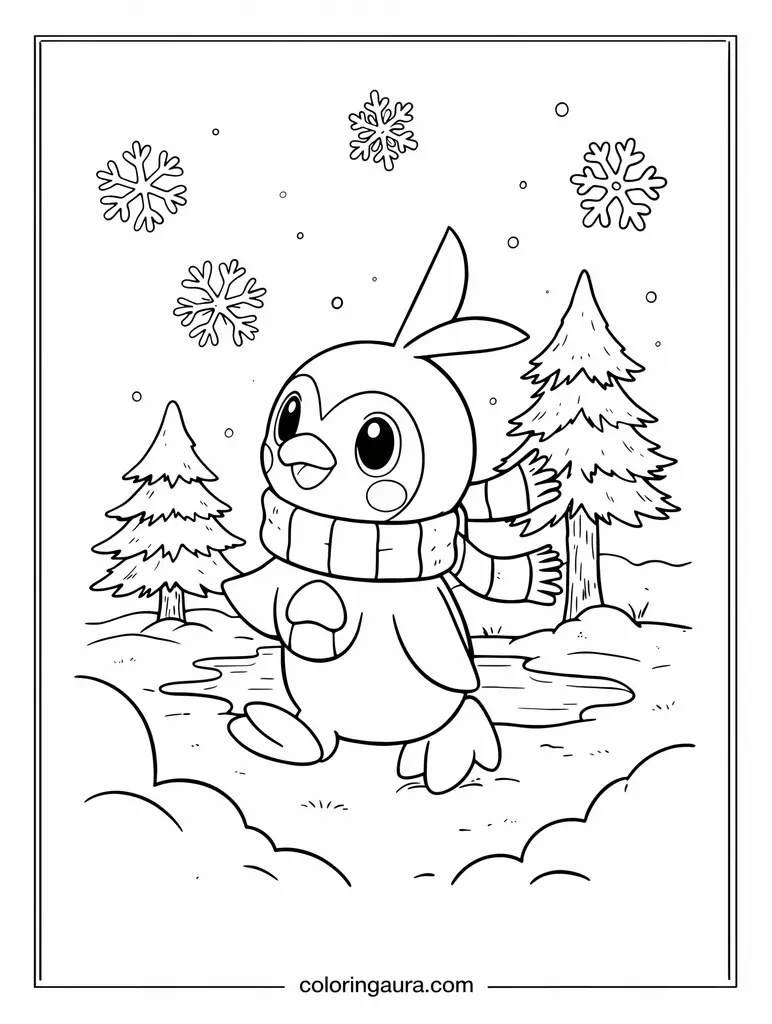 Piplup Snowflake Adventure Coloring Page