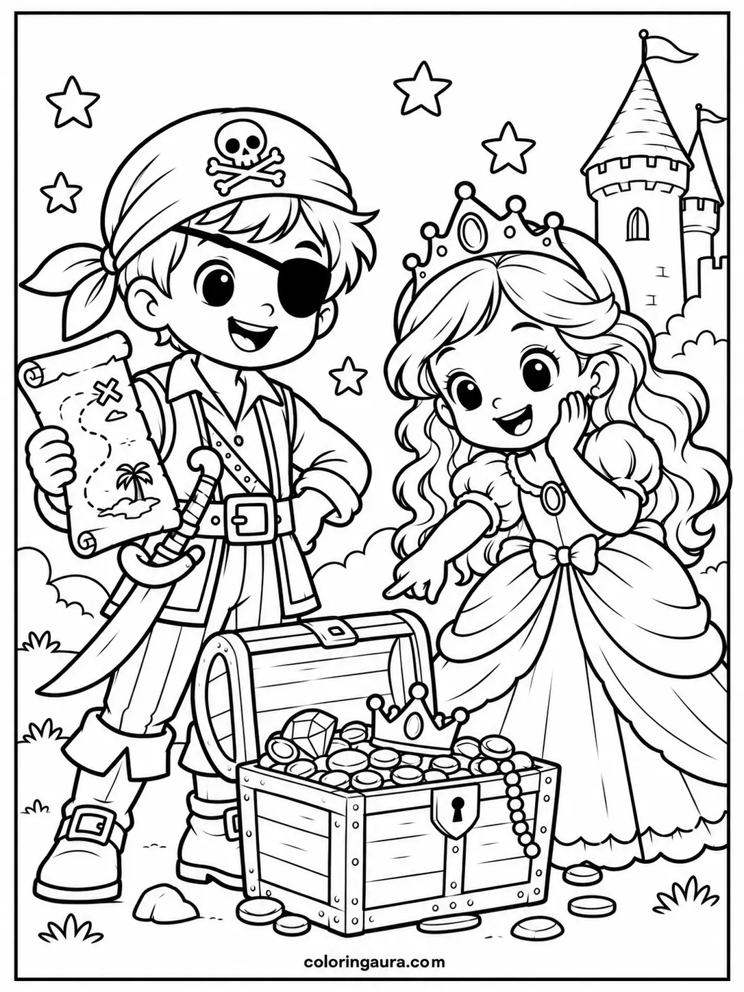 Pirate and Princess Costumes Coloring Page