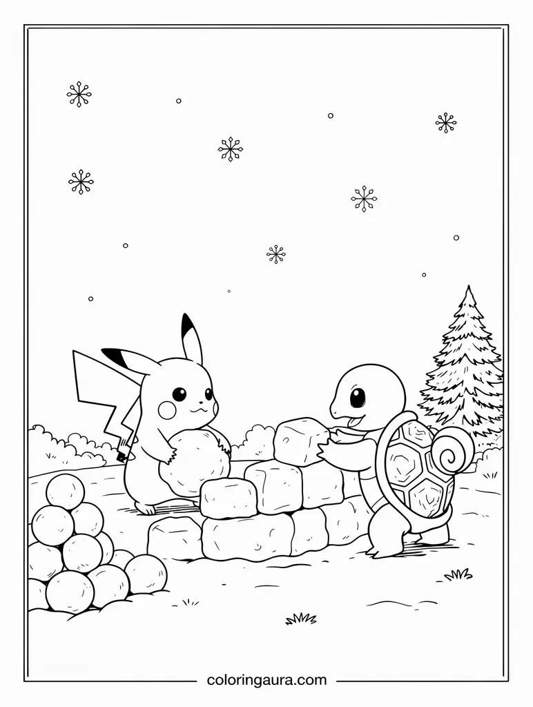 Pokémon Building a Snow Fort Coloring Page