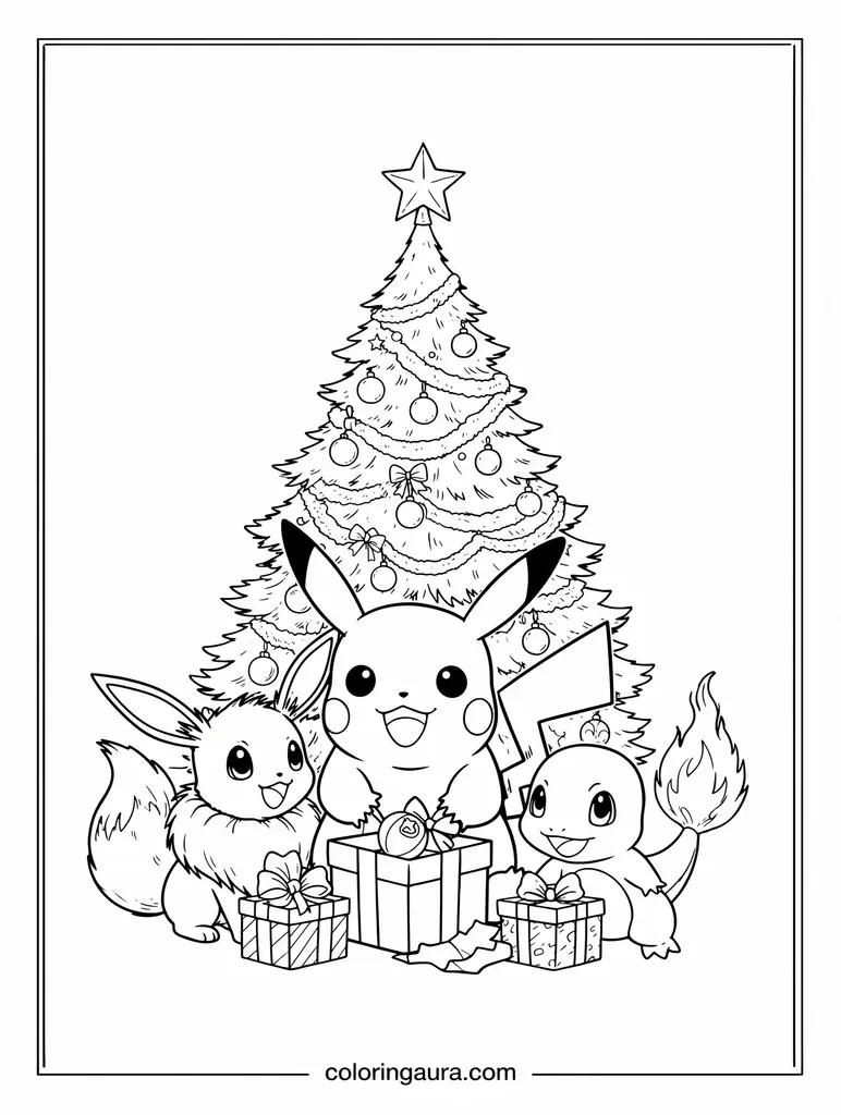 Pokémon Opening Christmas Presents Coloring Page