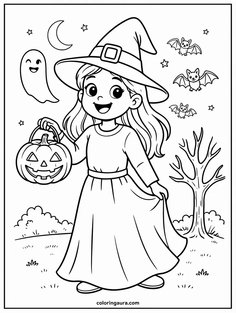 Pretty Halloween Witch Costume Coloring Page