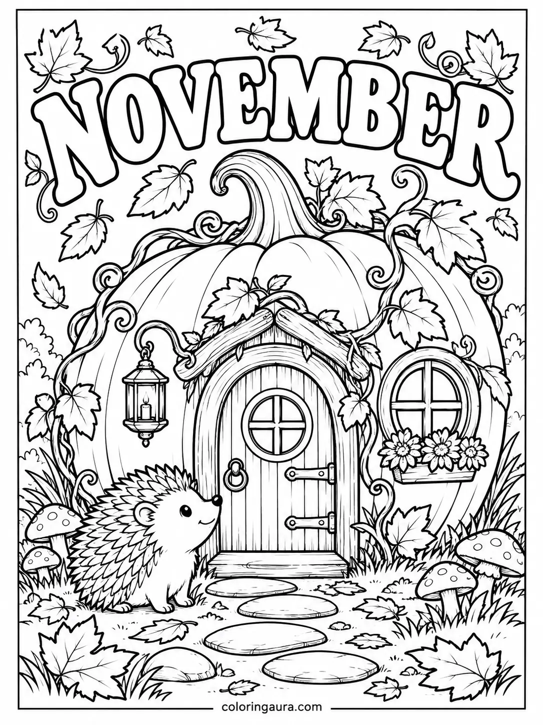 Pumpkin House and Hedgehog Coloring Page