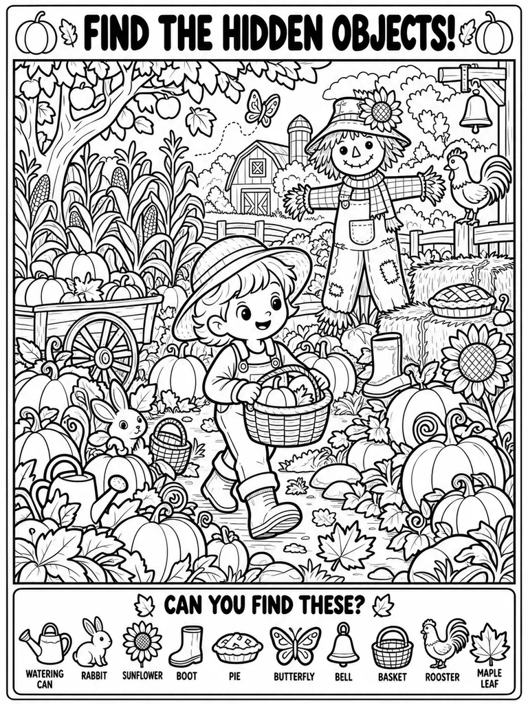 Pumpkin Patch Seek and Find Coloring Page