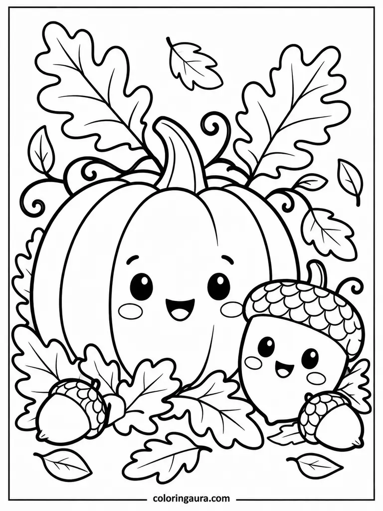 Pumpkin and Acorn October Coloring Page