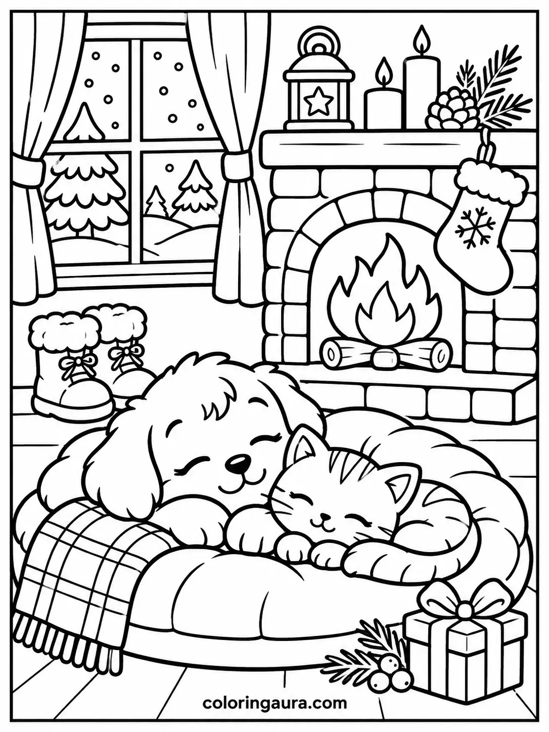 Puppy and Kitten by the Fireplace Coloring Page