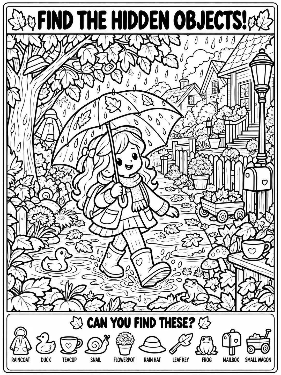 Rainy Fall Day Seek and Find Coloring Page