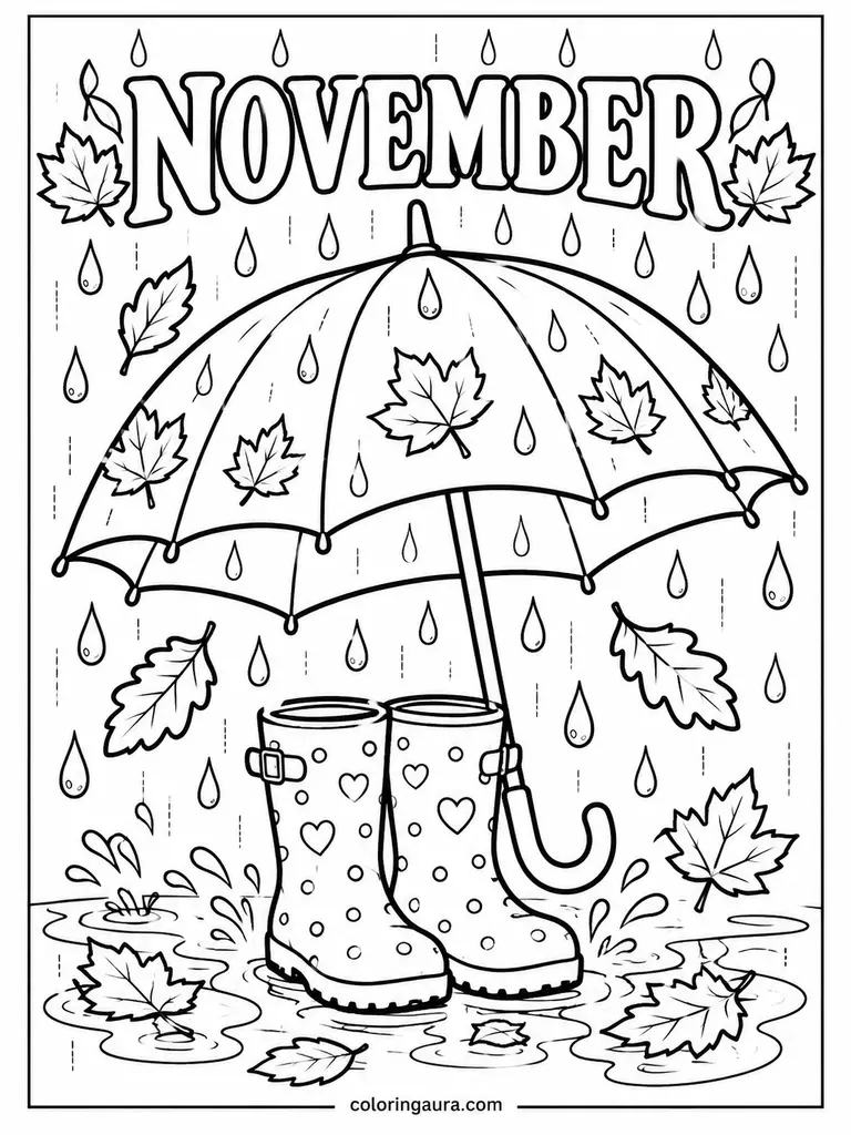 Rainy November Umbrella Coloring Page