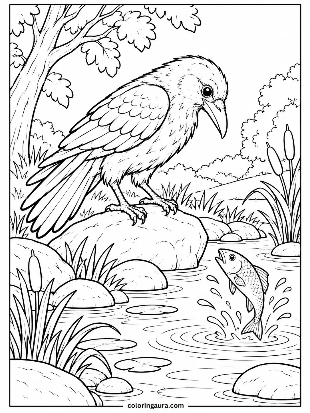 Raven Beside a Woodland Pond Coloring Page