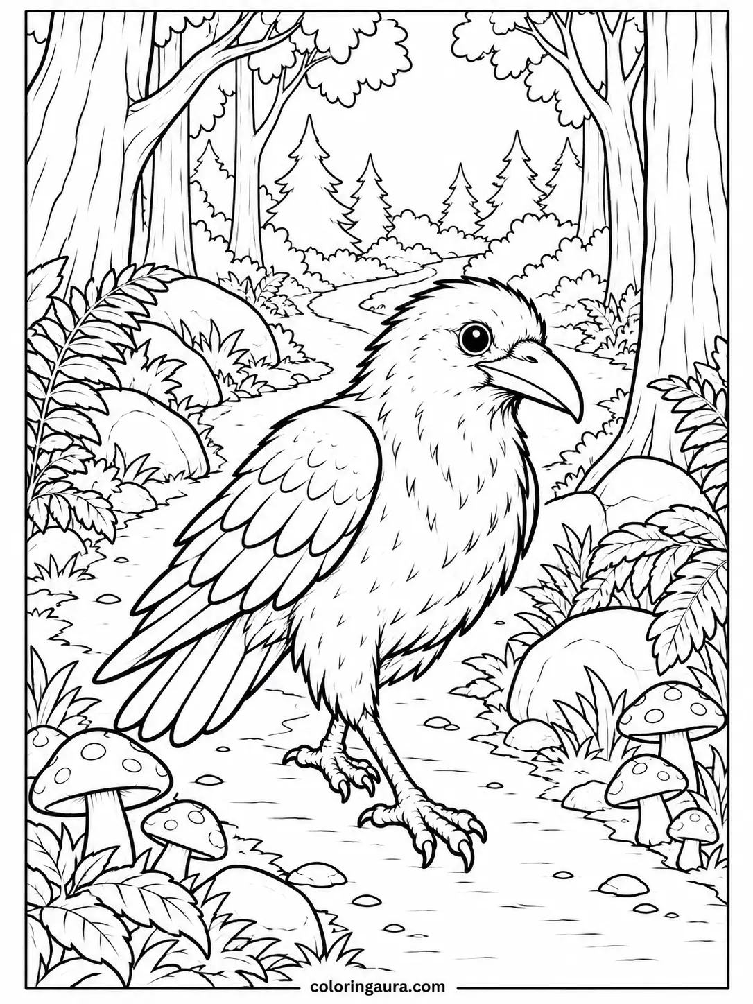 Raven Exploring a Forest Path Coloring Page