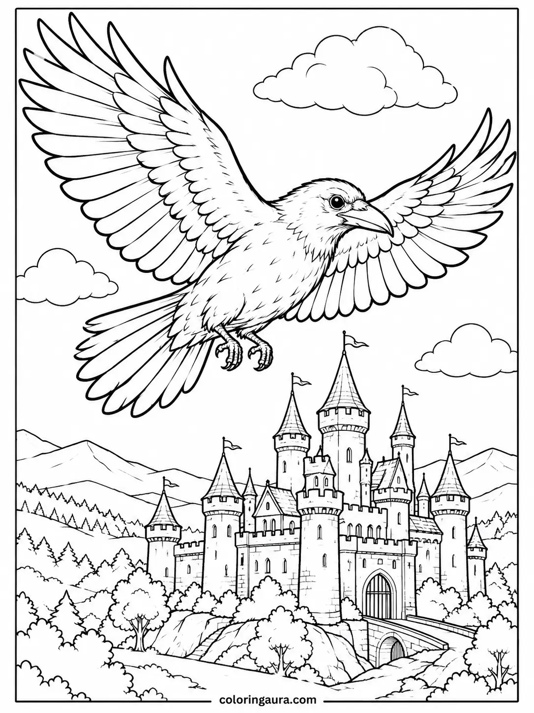 Raven Flying Over a Medieval Castle Coloring Page