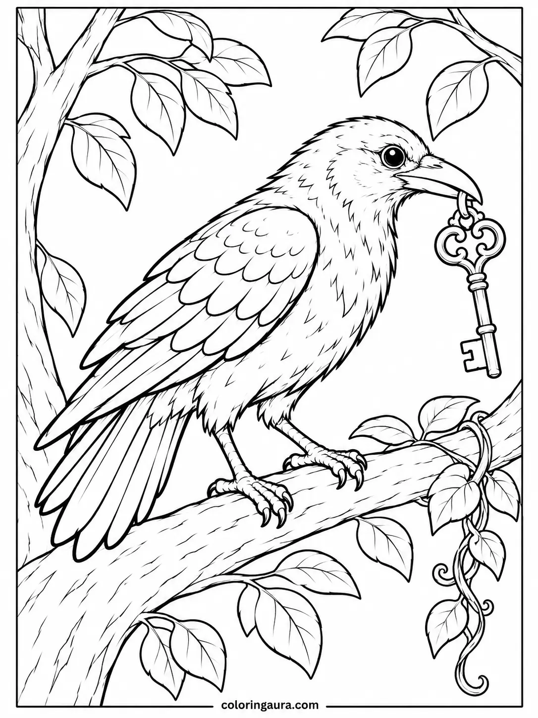 Raven Holding a Shiny Key Coloring Page