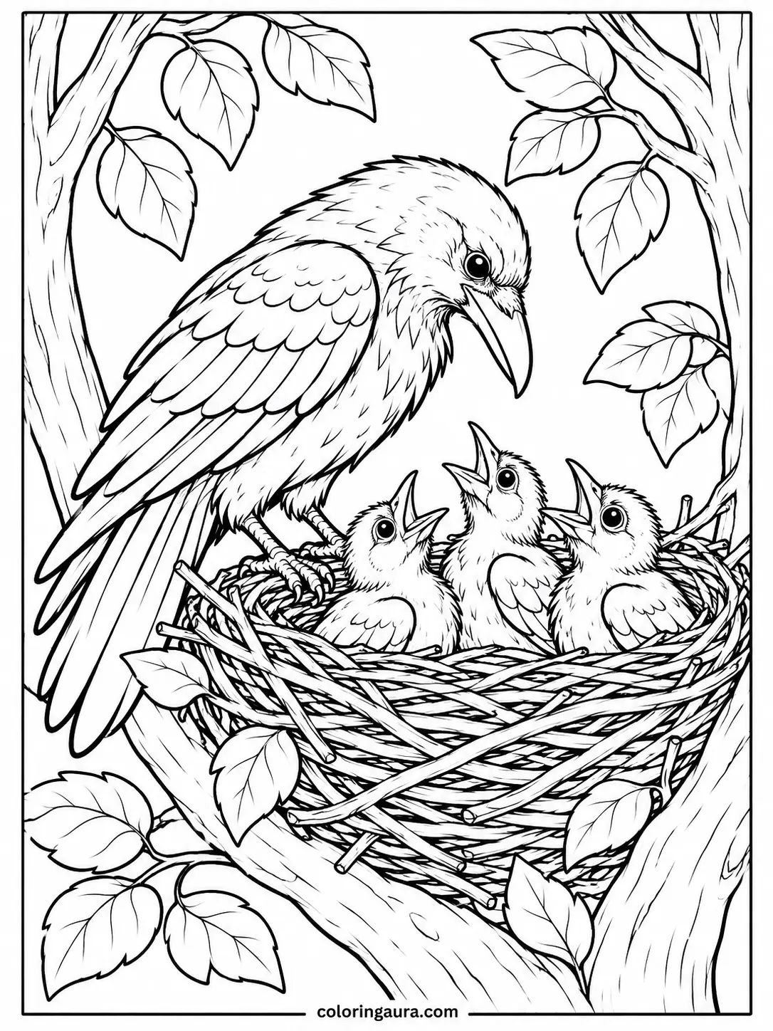 Raven Mother and Baby Chicks Coloring Page