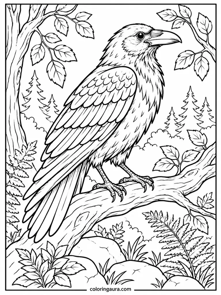 Raven Perched on a Woodland Branch Coloring Page