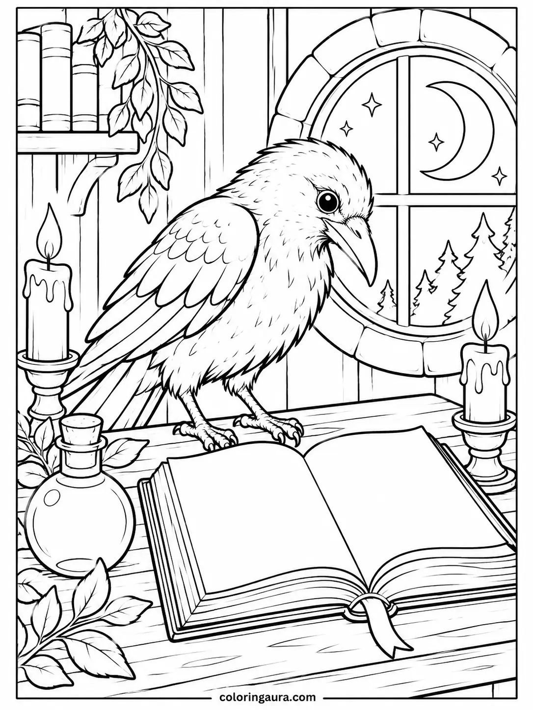 Raven Reading a Spellbook Coloring Page