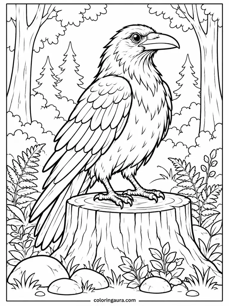 Raven Sitting on a Tree Stump Coloring Page