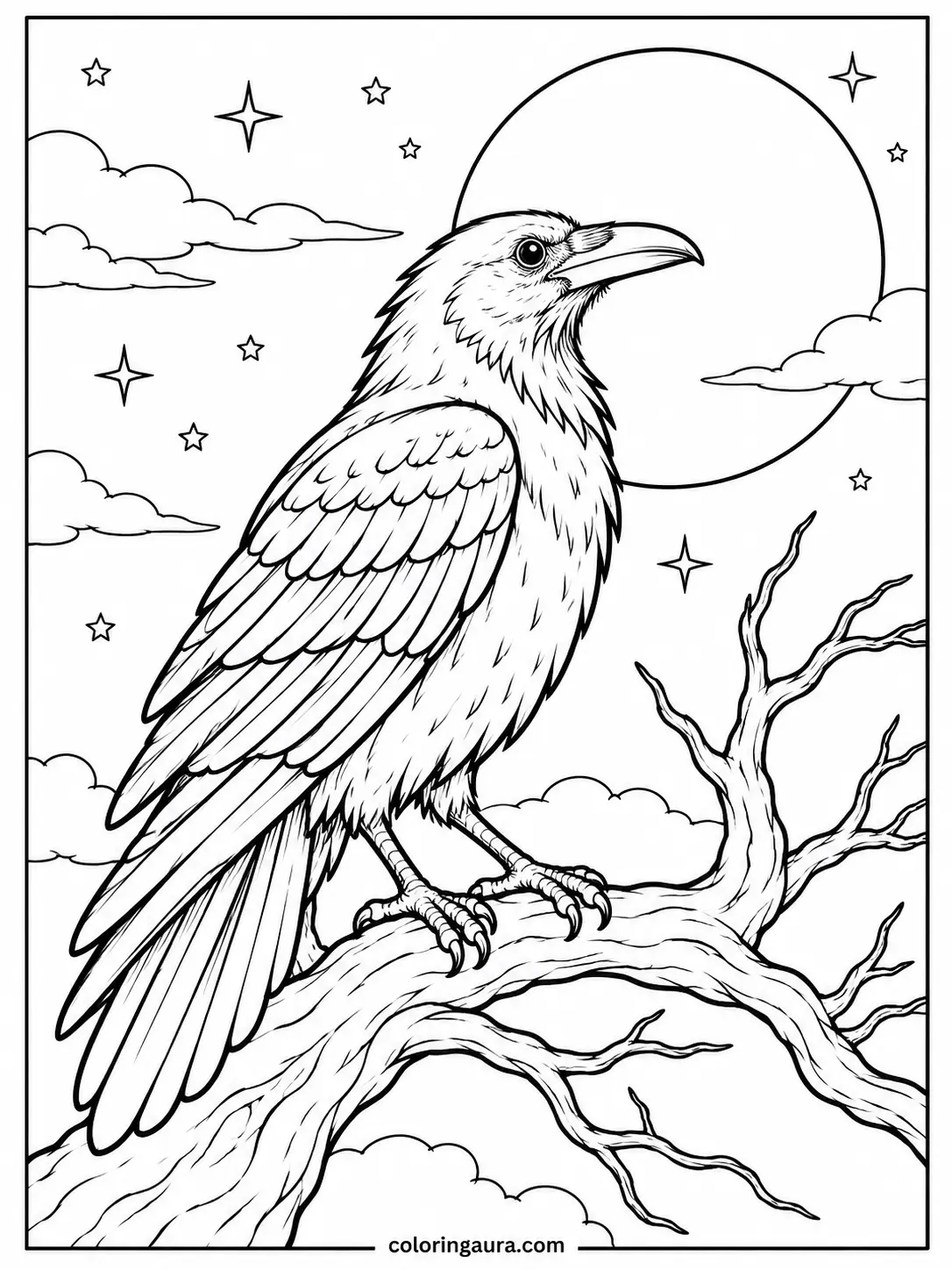 Raven Under a Full Moon Coloring Page