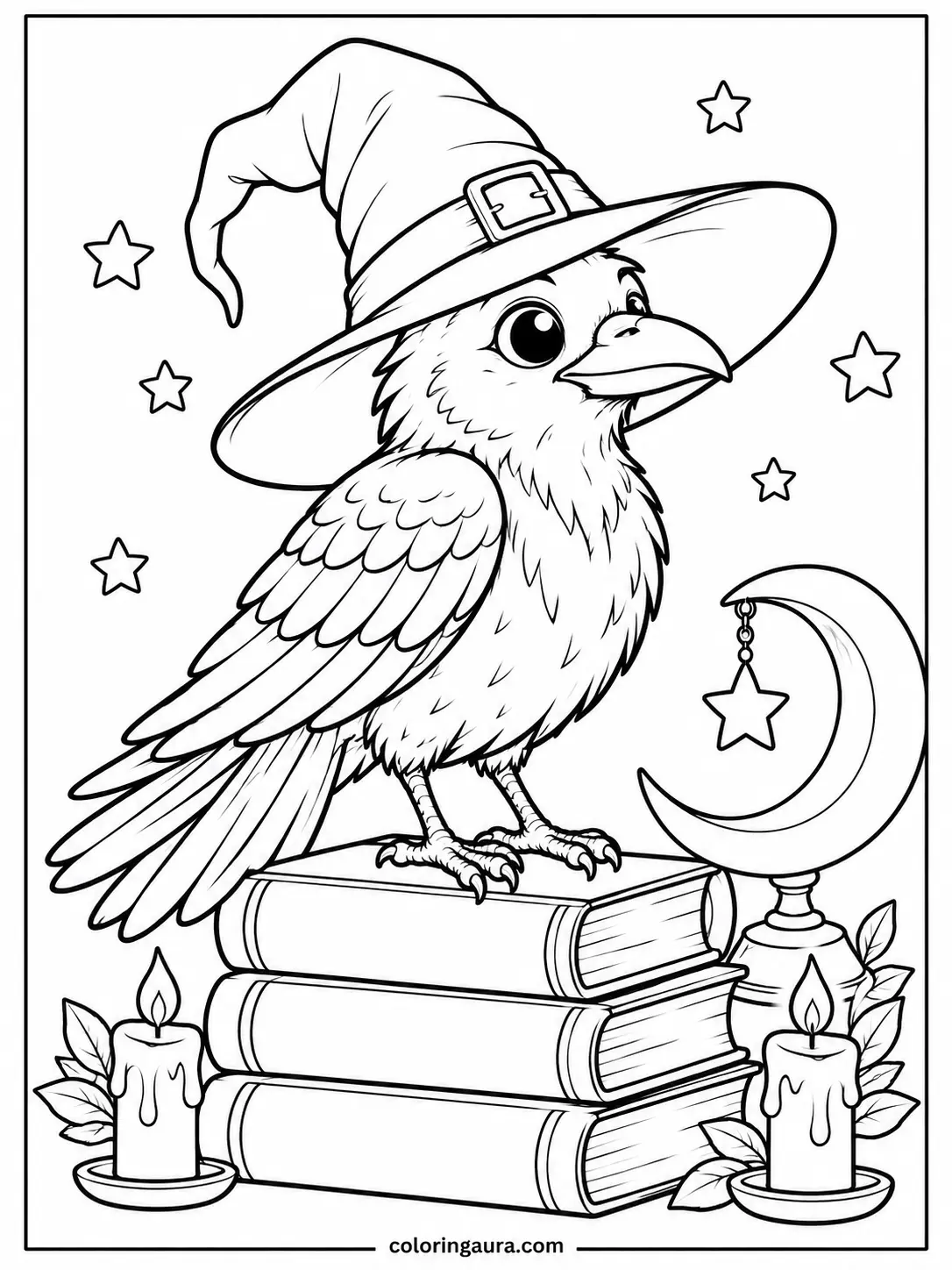 Raven Wearing a Witch Hat Coloring Page