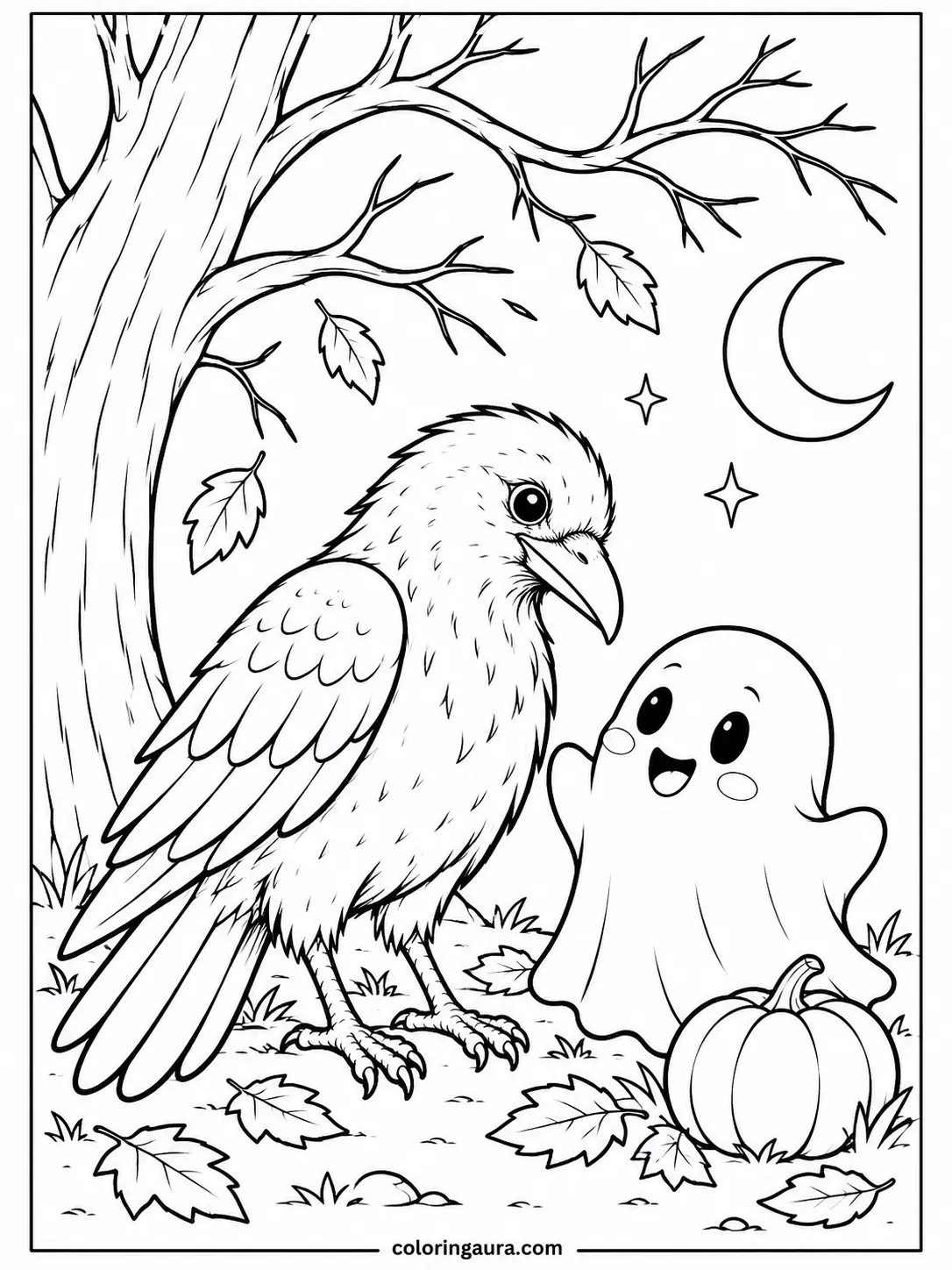 Raven and Friendly Ghost Coloring Page
