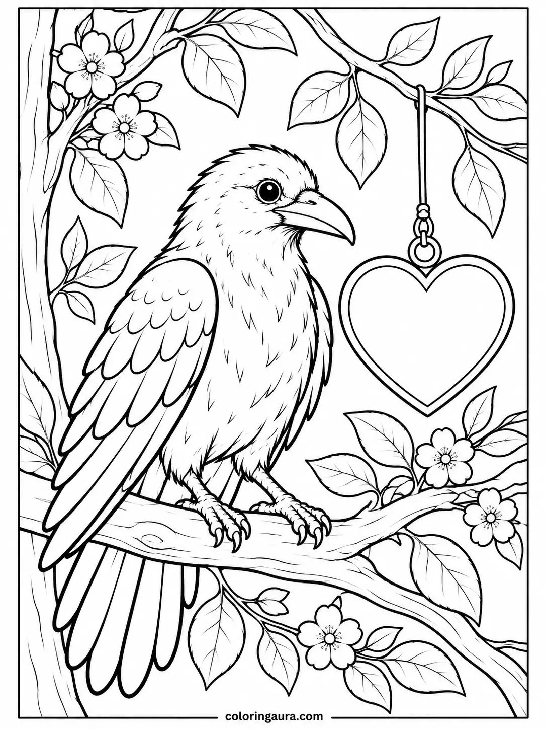 Raven and Heart-Shaped Pendant Coloring Page