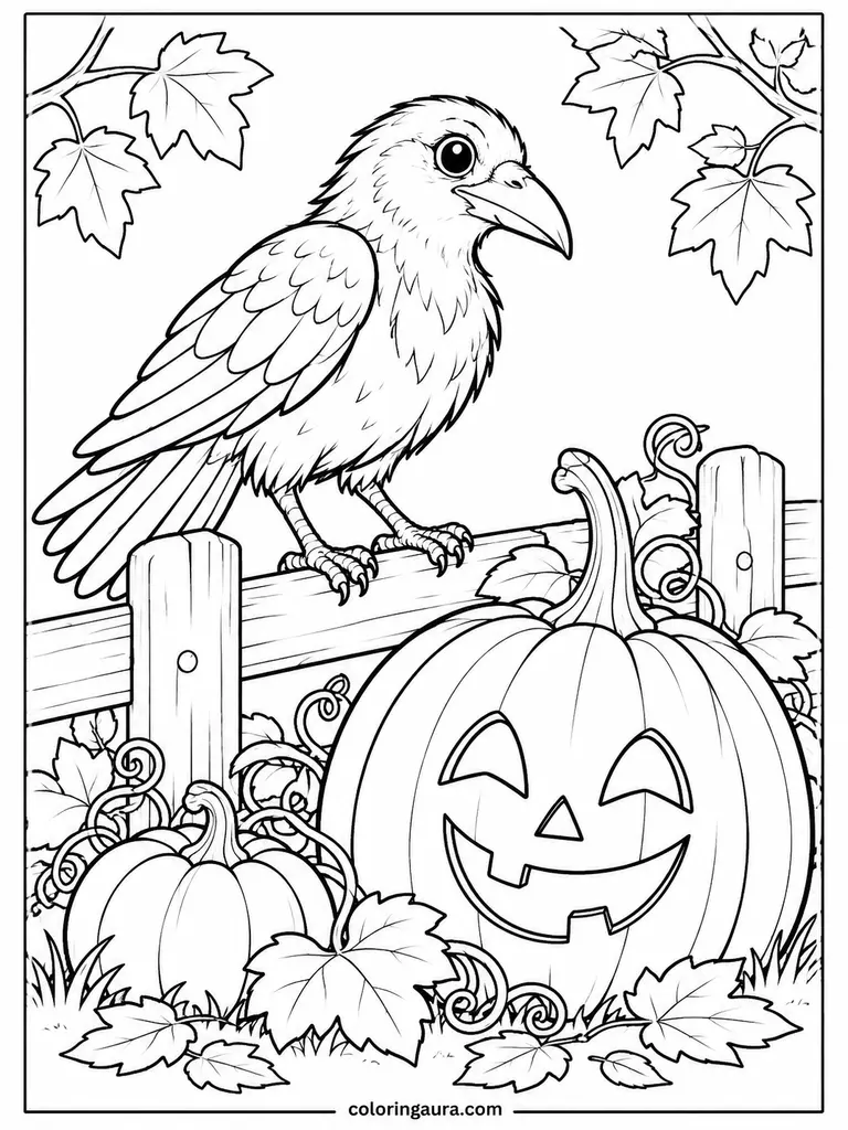 Raven and Pumpkin Lantern Coloring Page
