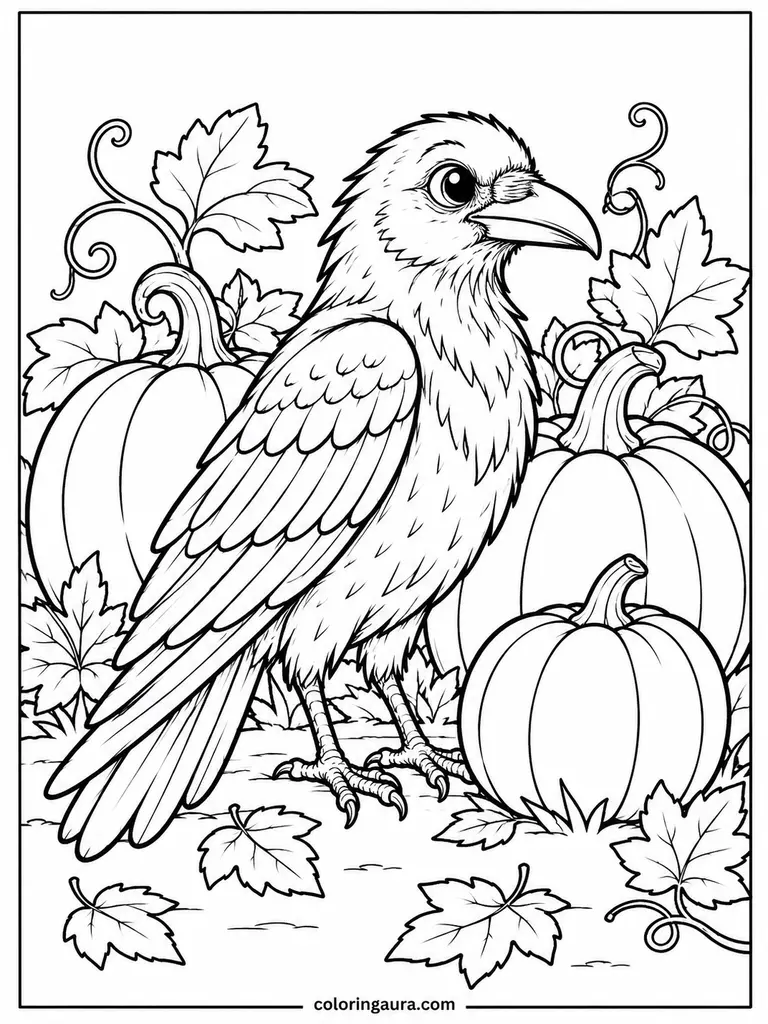 Raven in a Pumpkin Patch Coloring Page
