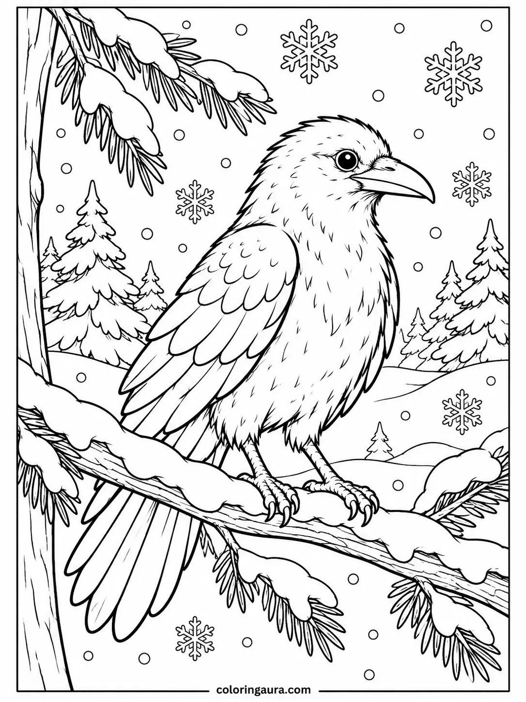 Raven in a Snowy Forest Coloring Page