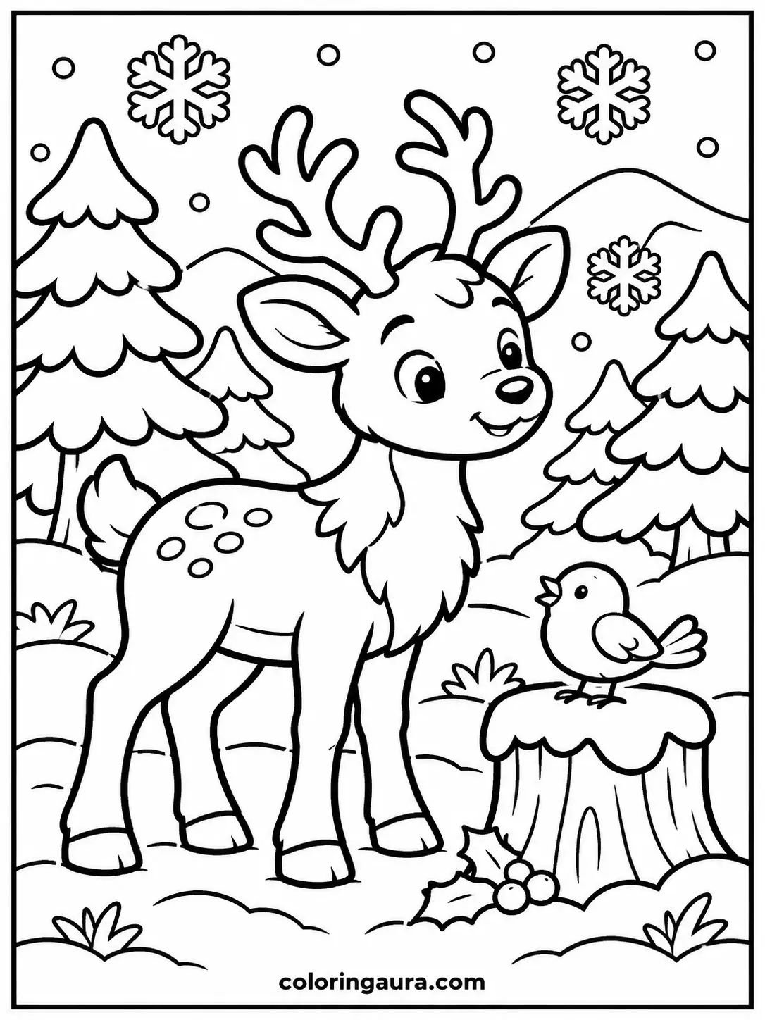 Reindeer Playing in the Snow Coloring Page