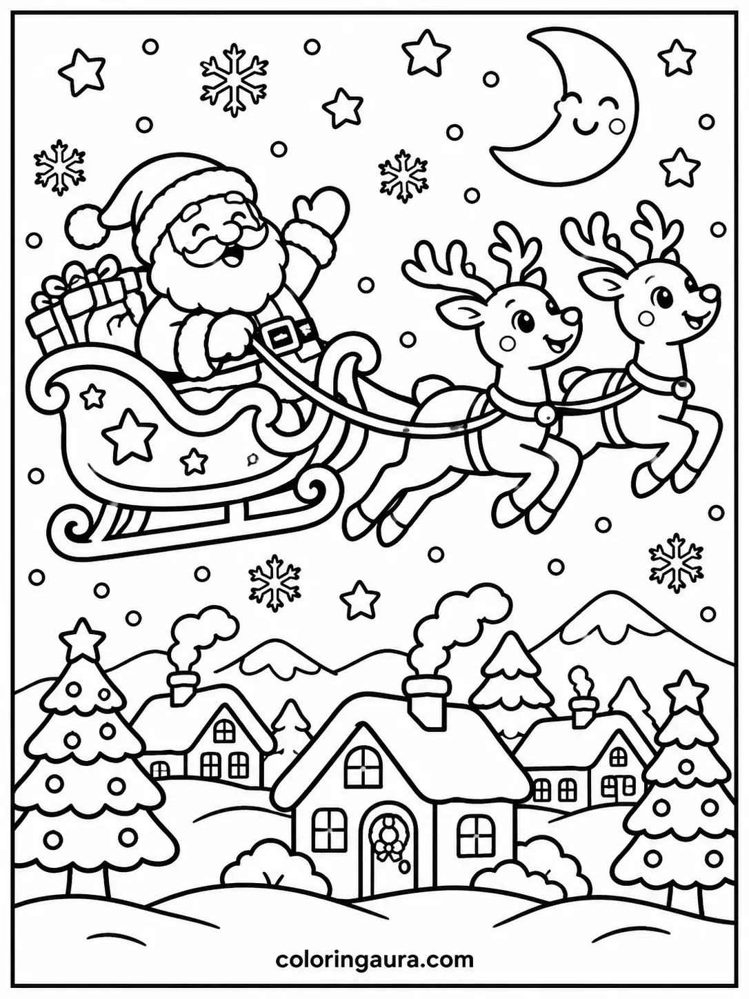Santa and Sleigh Winter Night Coloring Page