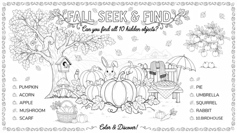 Seek and Find Coloring Pages – Fall Activities for Kids & Adults