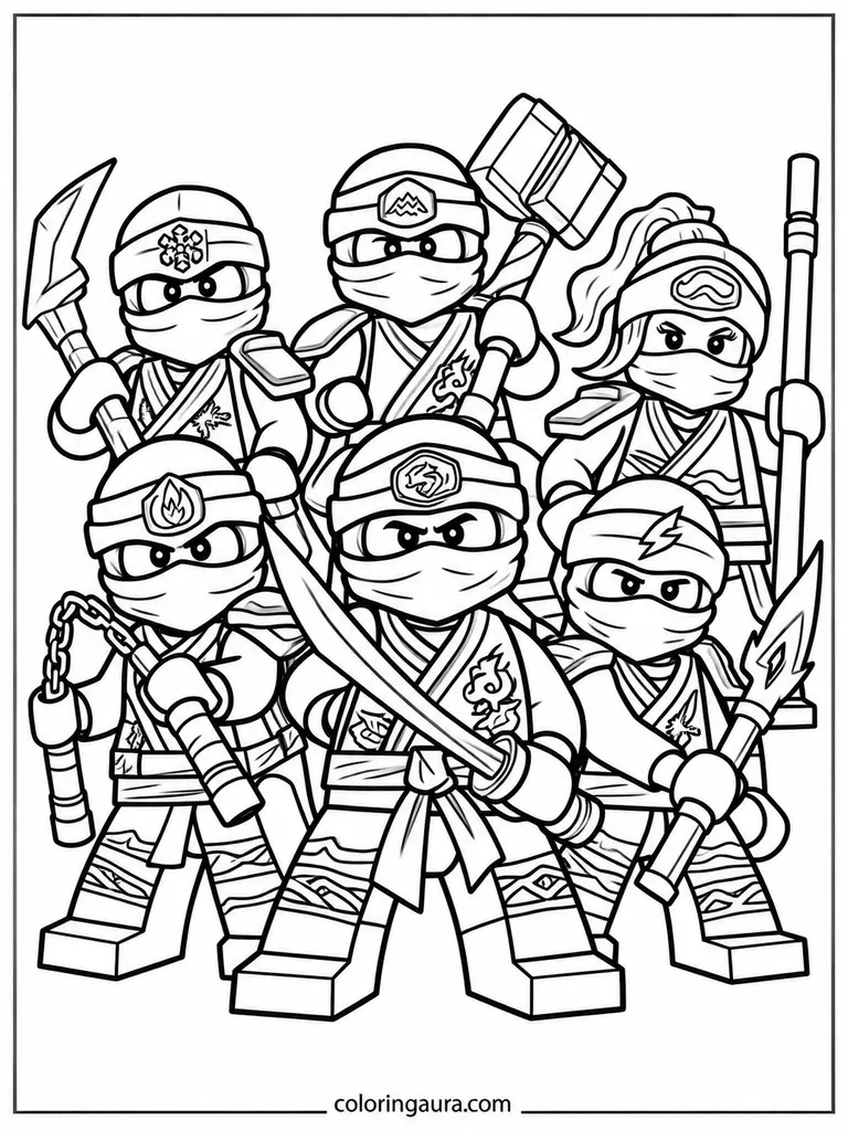 Six Ninja Warriors Coloring Page