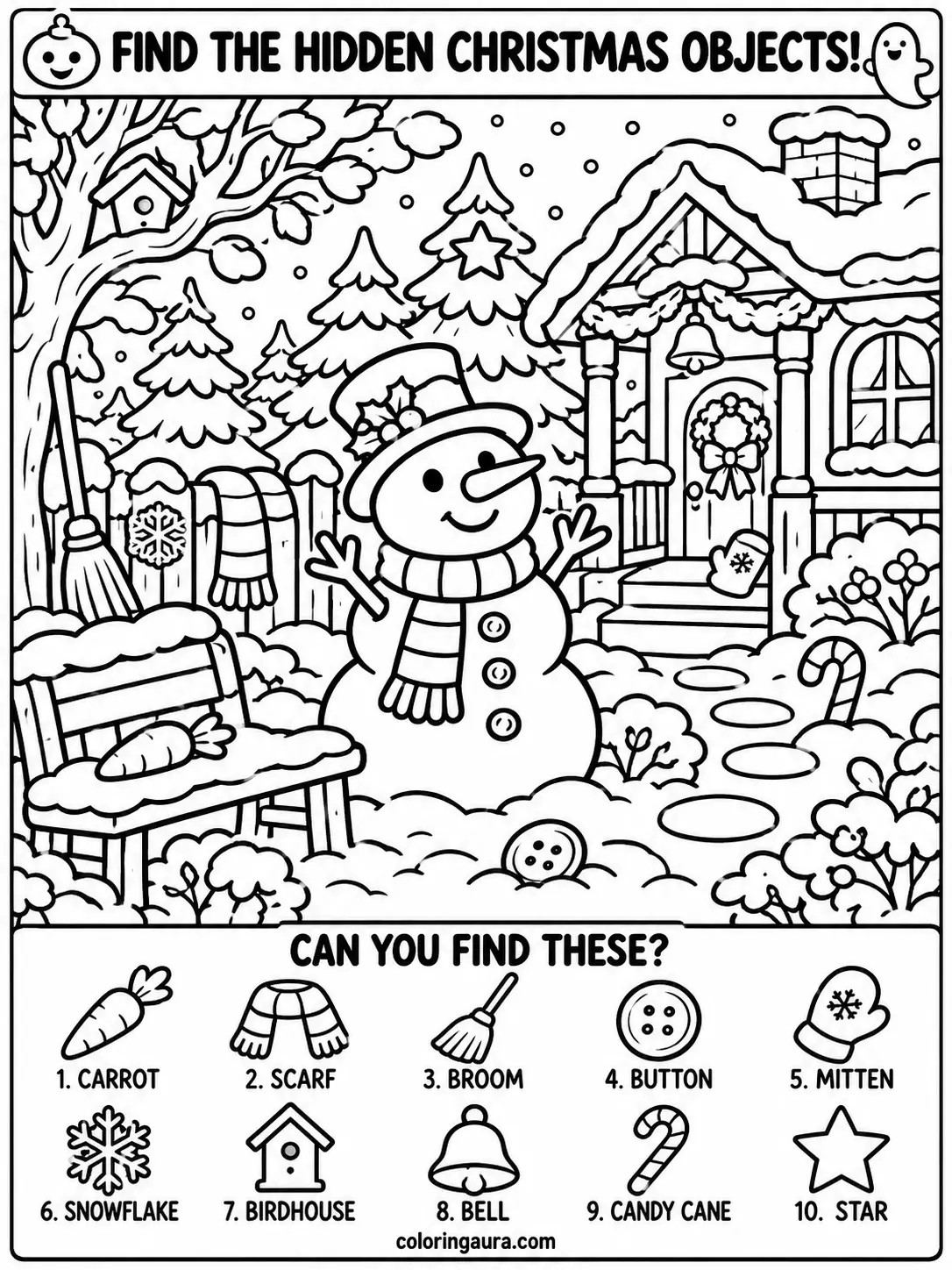 Snowman Garden Seek and Find Coloring Page