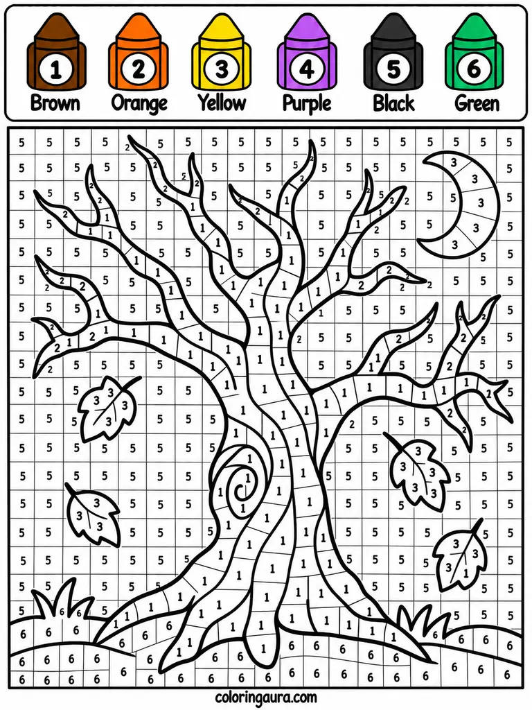 Spooky Halloween Tree Color by Number
