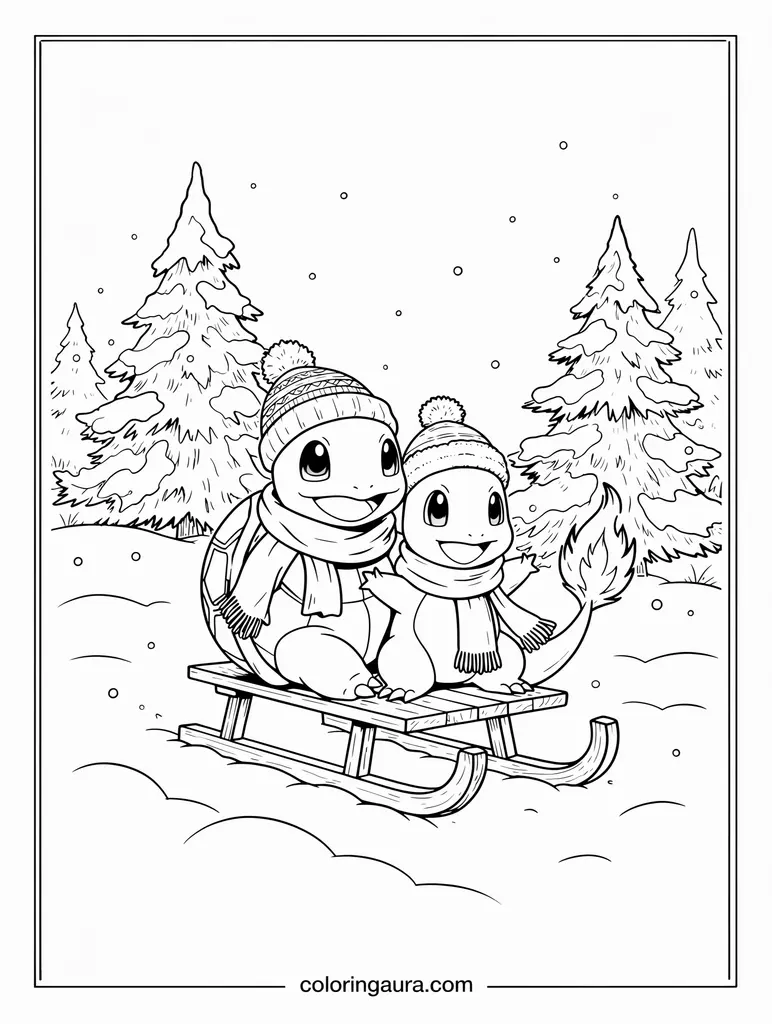 Squirtle and Charmander Sledding Coloring Page