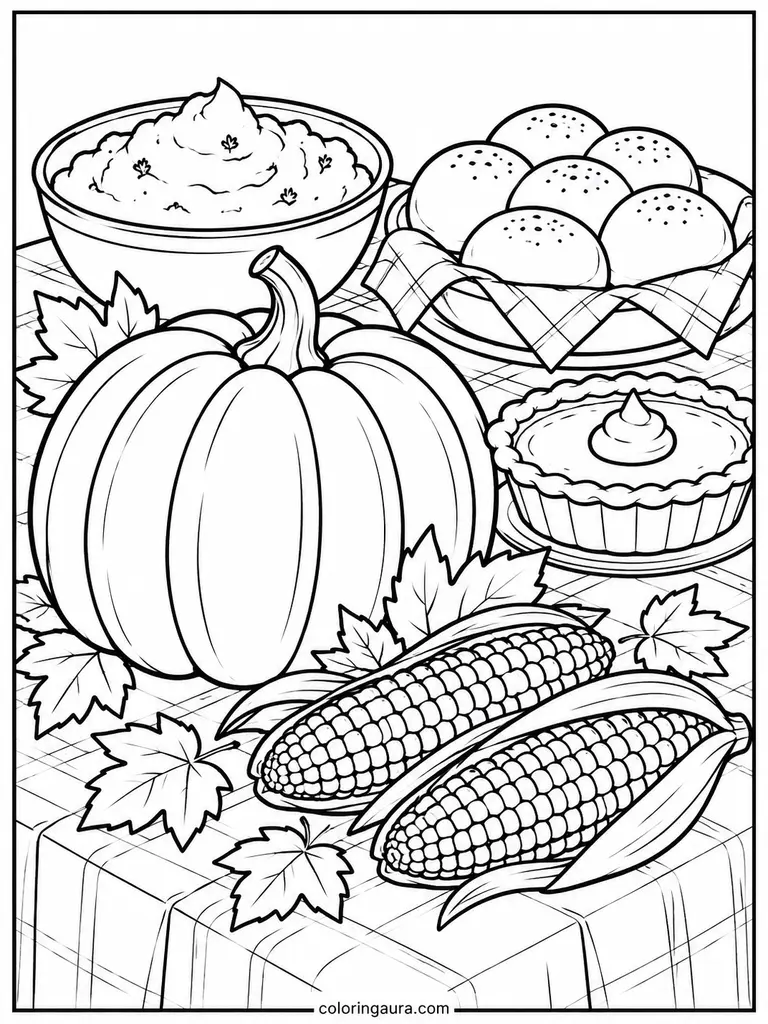 Thanksgiving Corn and Pumpkin Coloring Page