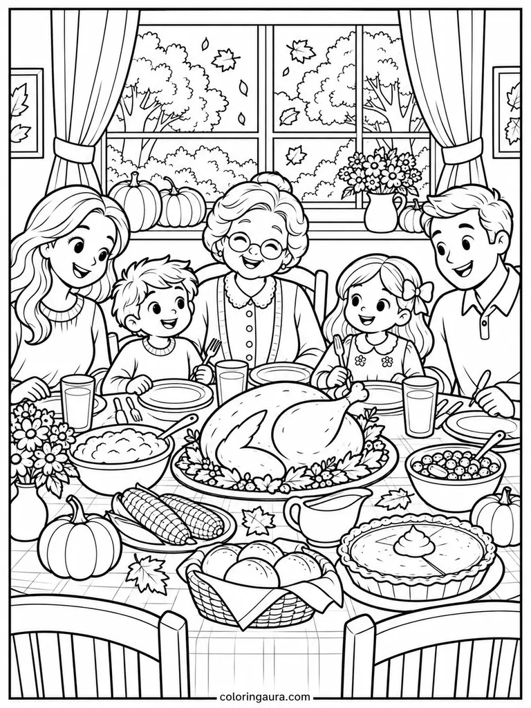 Thanksgiving Family Gathering Coloring Page
