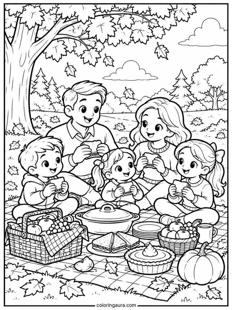 Thanksgiving Family Picnic Coloring Page