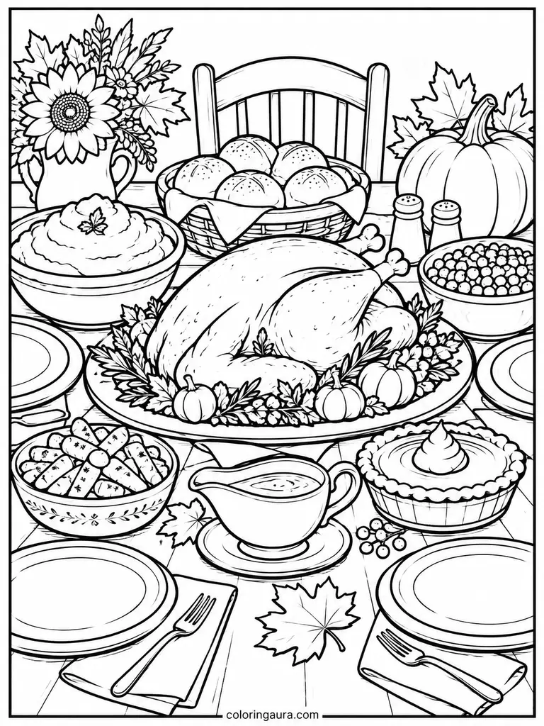 Thanksgiving Turkey and Side Dishes Coloring Page