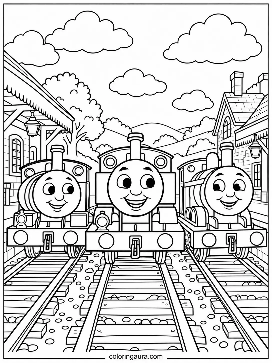 Thomas, Percy, and James Railway Coloring Page