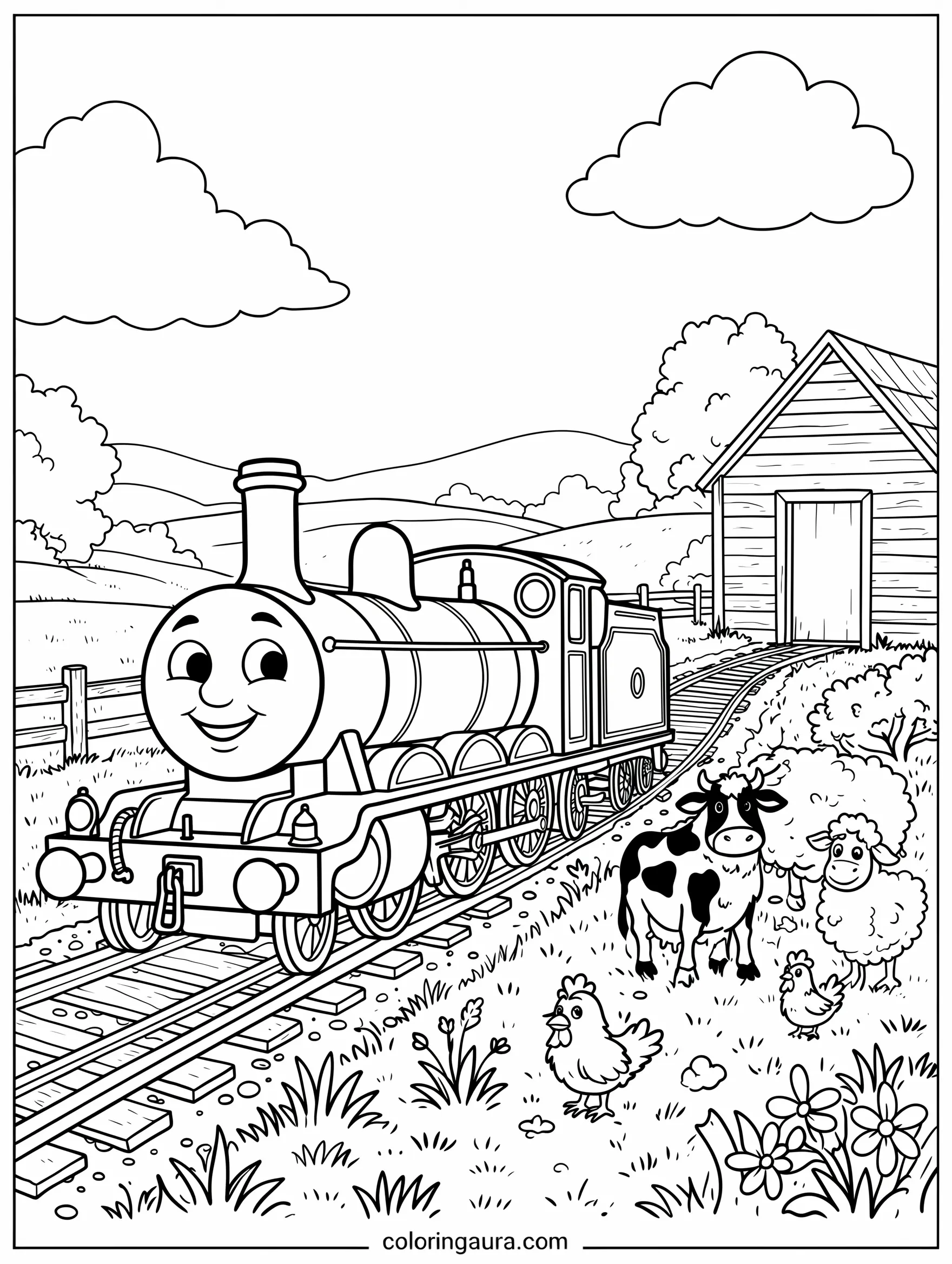 Thomas and the Friendly Farm Animals Coloring Page