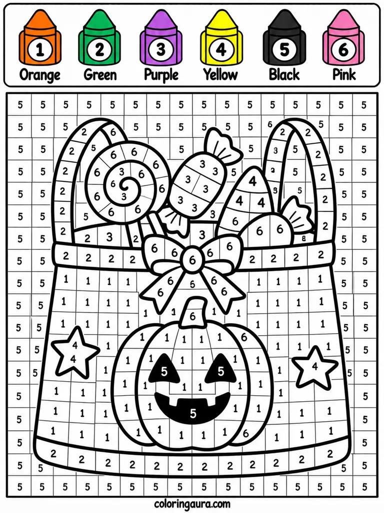 Trick-or-Treat Bag Color by Number Worksheet