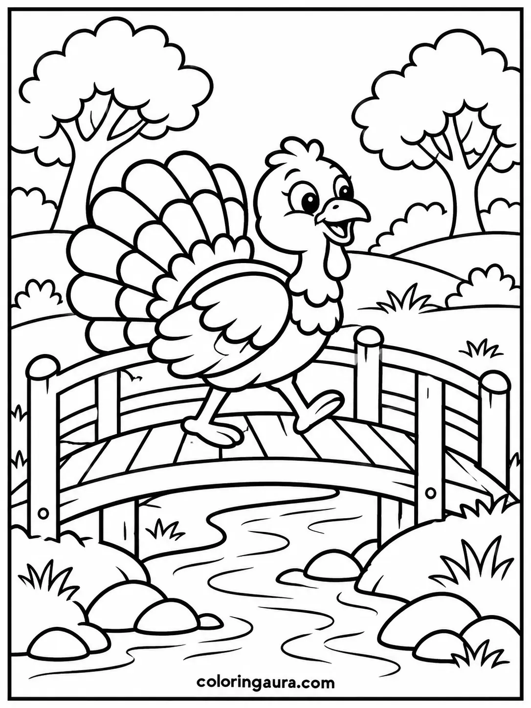 Turkey Crossing a Wooden Bridge Coloring Page
