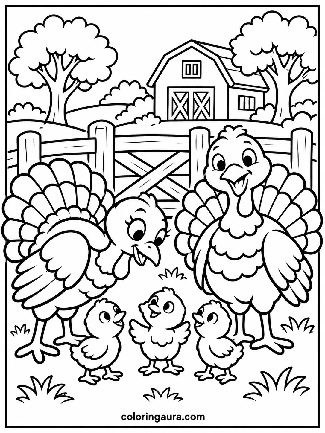 Turkey Family at a Farm Gate Coloring Page