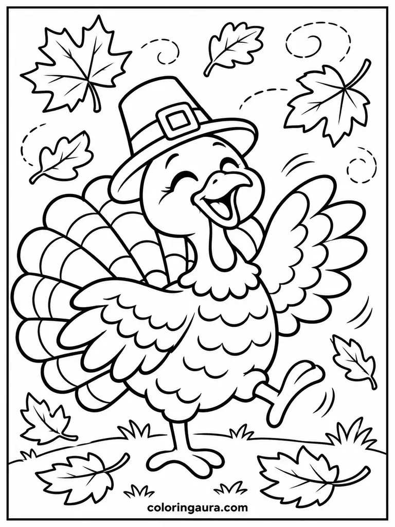 Turkey Playing in Autumn Leaves Coloring Page