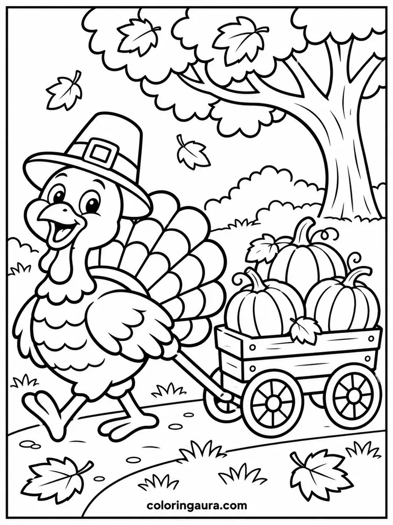 Turkey Pulling a Pumpkin Cart Coloring Page